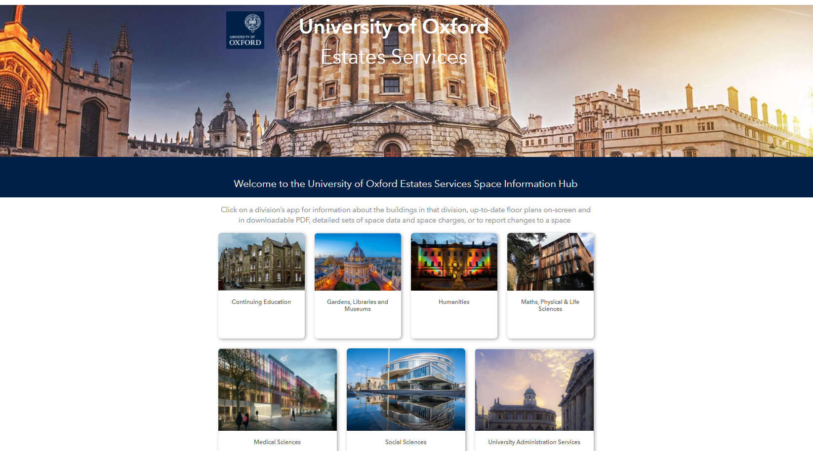Screenshot of the University of Oxford Estates Services Space Information Hub website with central image of the Radcliffe Camera and links to all University divisions