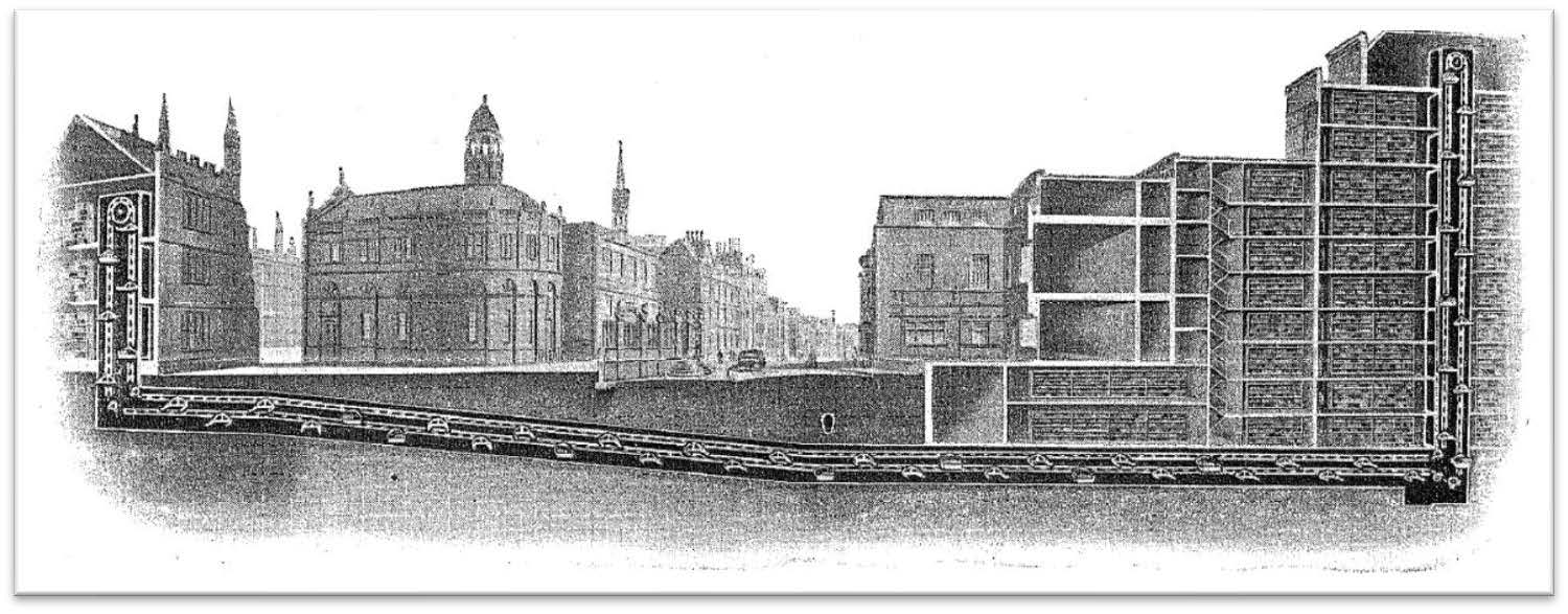 sectional view of tunnel showing the route of the book conveyor beneath broad street