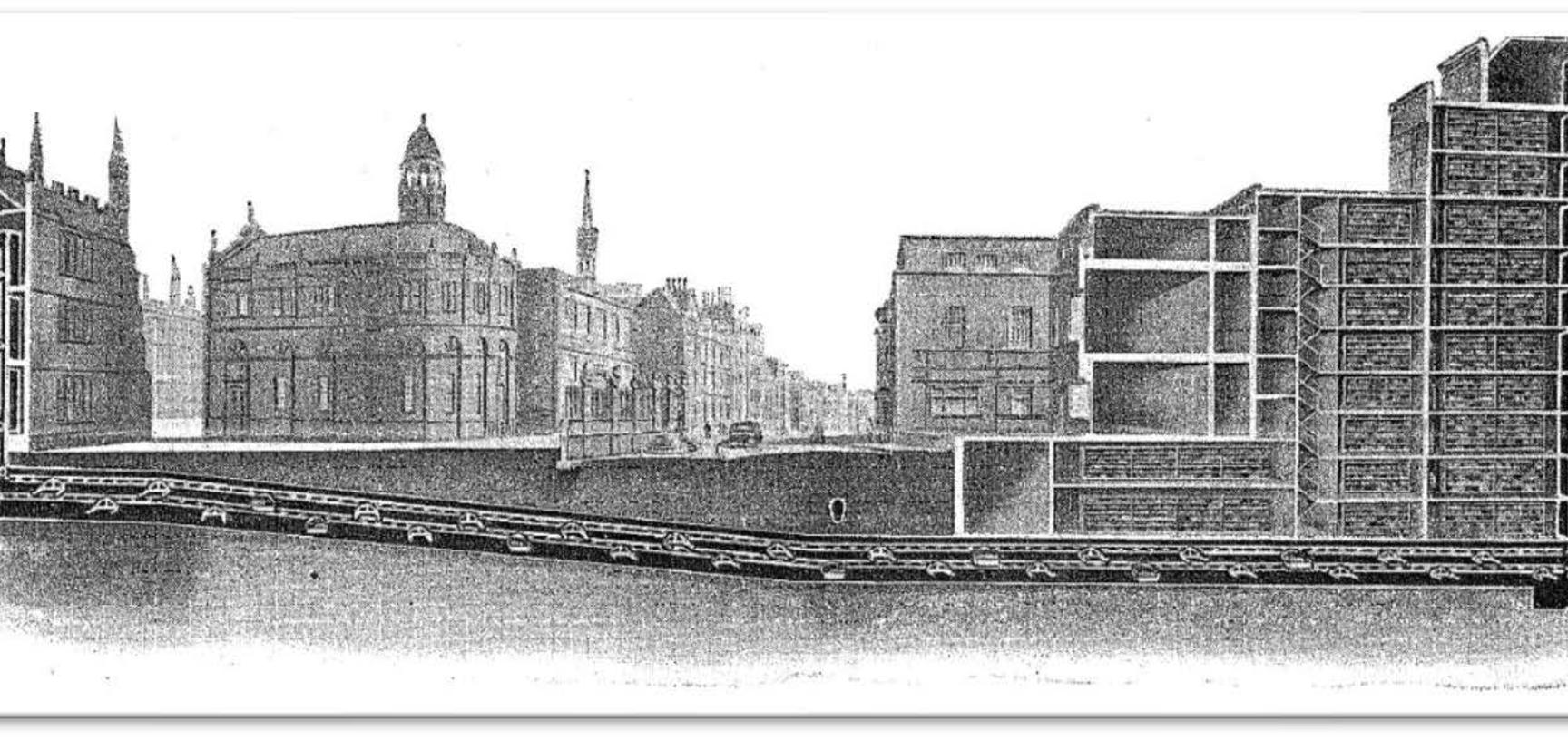 Sectional view of tunnel showing the route of the book conveyor beneath broad street