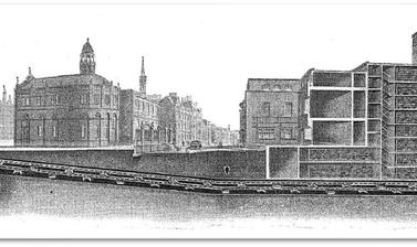Sectional view of tunnel showing the route of the book conveyor beneath broad street