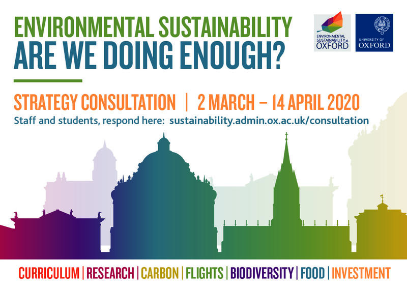 Poster with a graphic of the Oxford skyline and the words 'Environmental Sustainability; Are we doing enough?; Strategy Consultation; 2 March - 14 April 2020'