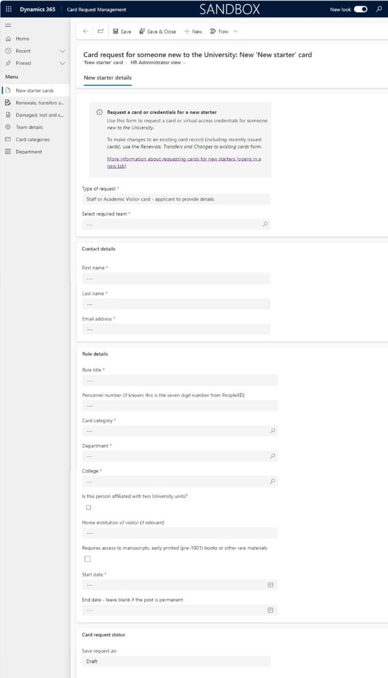 card user documentation  new starter card form