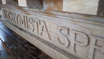 Photo of stone lettering on the outside of Dyson Perrins building after cleaning in late 2019.