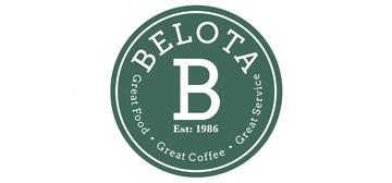 Round green logo reading 'Belota, est. 1985: Great food, great coffee, great service