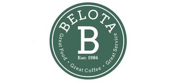 Belota logo Round green logo reading 'Belota, est. 1985: Great food, great coffee, great service