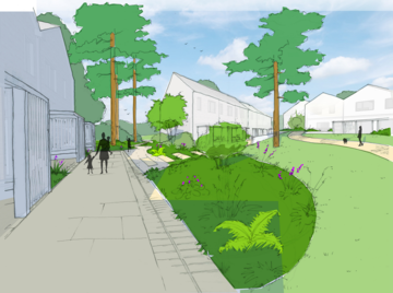 Illustrated artists impression of new housing at Court Place Gardens, with modern buildings and large green spaces