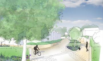 Illustrated artists impression of new housing at Court Place Gardens, with modern housing, large trees and a cyclist in the foreground