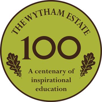 Round, green logo with '100' in the centre and the words 'The Wytham Estate, A centenary of inspirational education'