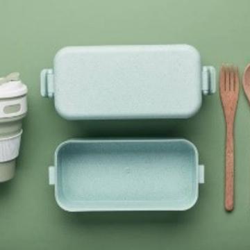 Reusable coffee cup, lunch box and wooden cutlery