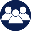 Dark blue FM People icon Dark blue icon of three people in a group